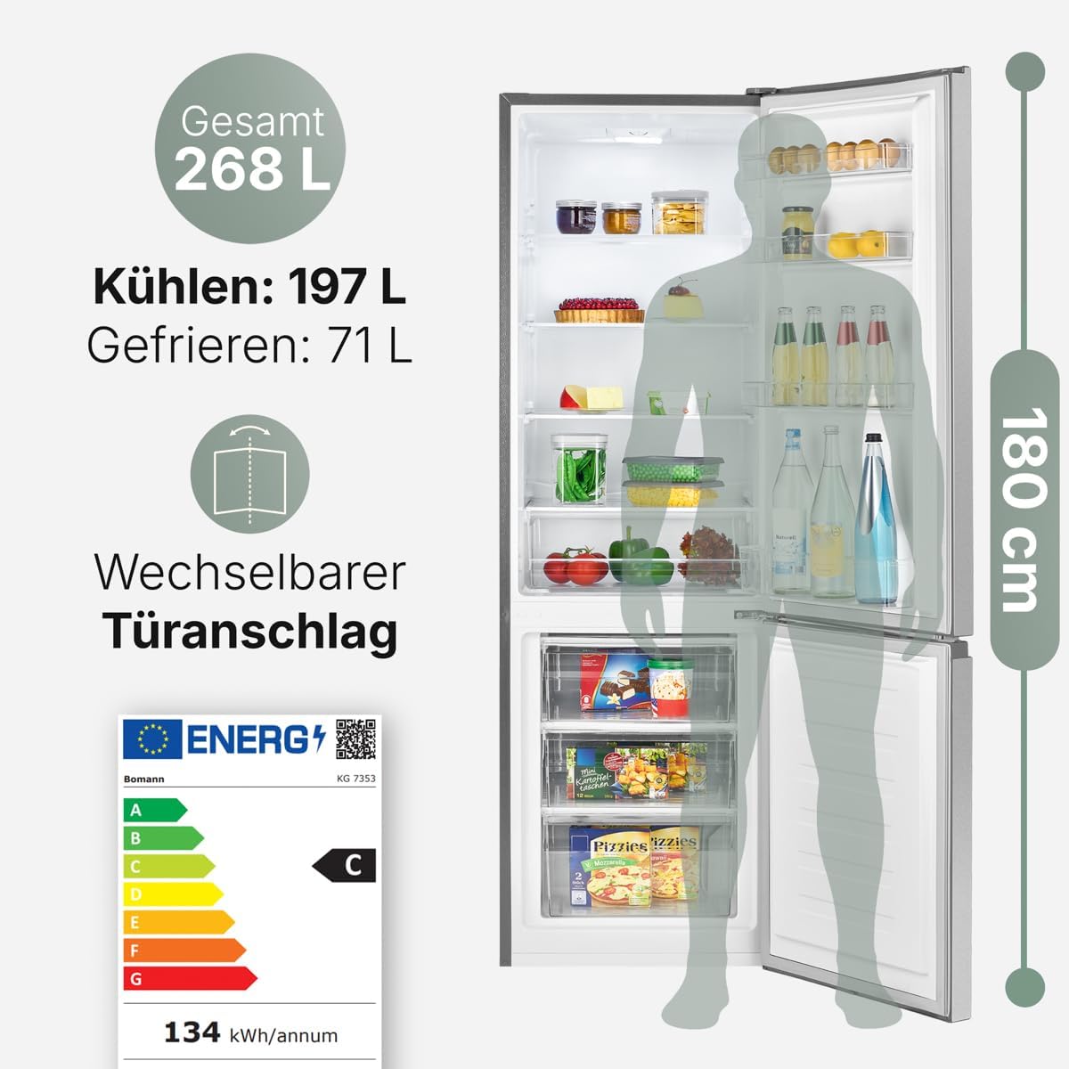 Bomann - KG7353 - réfrigérateur-congélateur 55cm, 268L, éclairage LED, inox