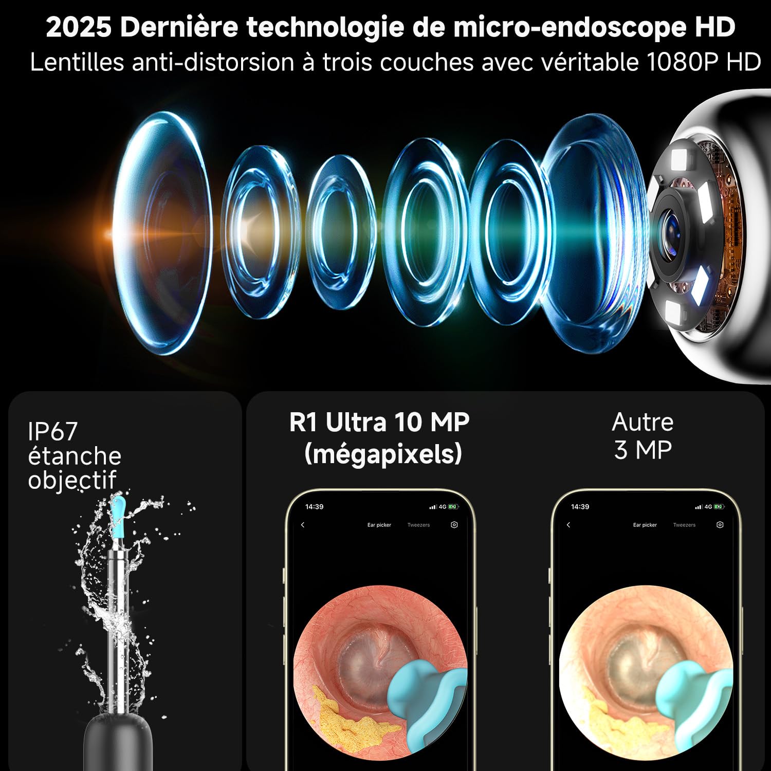 Otoscope - kit nettoyage oreille avec caméra HD, lumière LED, 4 outils