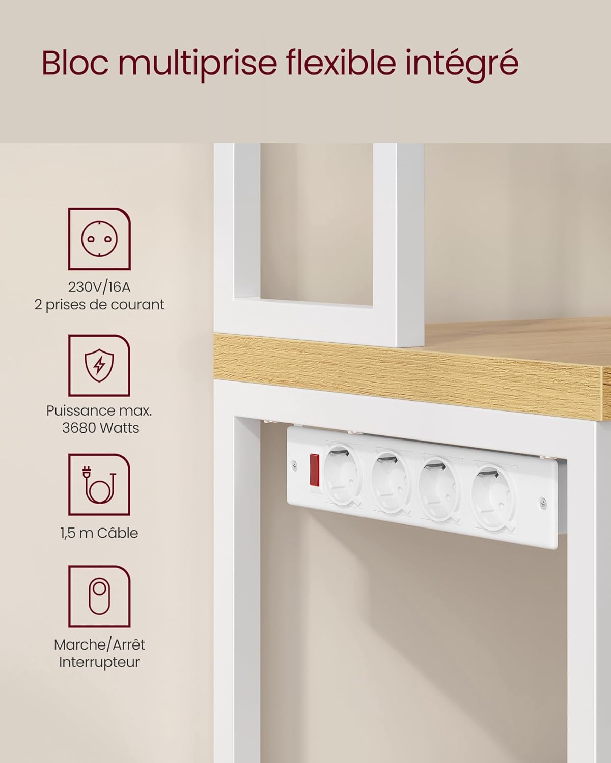 VASAGLE - étagère de cuisine, 40x60x170 cm, multiprise, crochets, KKS058Y02