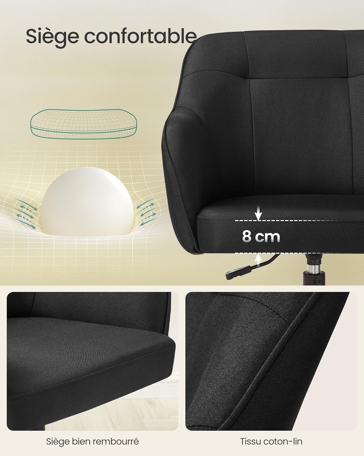 SONGMICS - fauteuil ergonomique, tissu coton-lin, cadre acier, réglable, 110kg, 119x61x54cm, OBG019B01