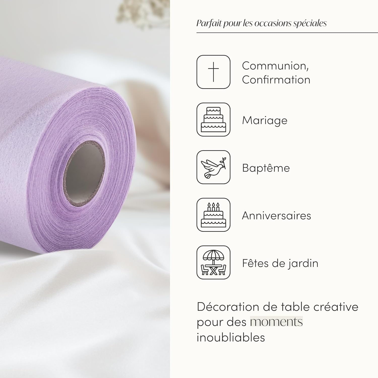100%Mosel - Chemin de Table Non-tissé Lilas - 30x2500cm - Décor Anniversaire/Mariage