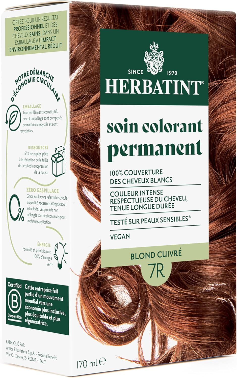 Herbatint - coloration 7R Blond Cuivré - 170ml - sans ammoniaque, 100% couvrant, testé peaux sensibles