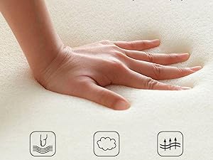 montrant ses propriétés de confort et de rebond, avec trois icônes indiquant les caractéristiques d'amortissement ci-dessous