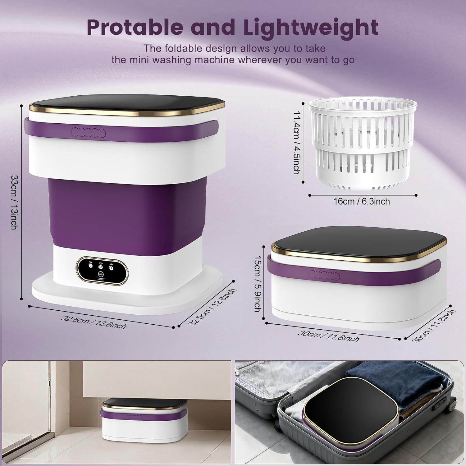 Mini Machine à Laver - 15L portable 2 en 1, essorage, 3 modes, violet