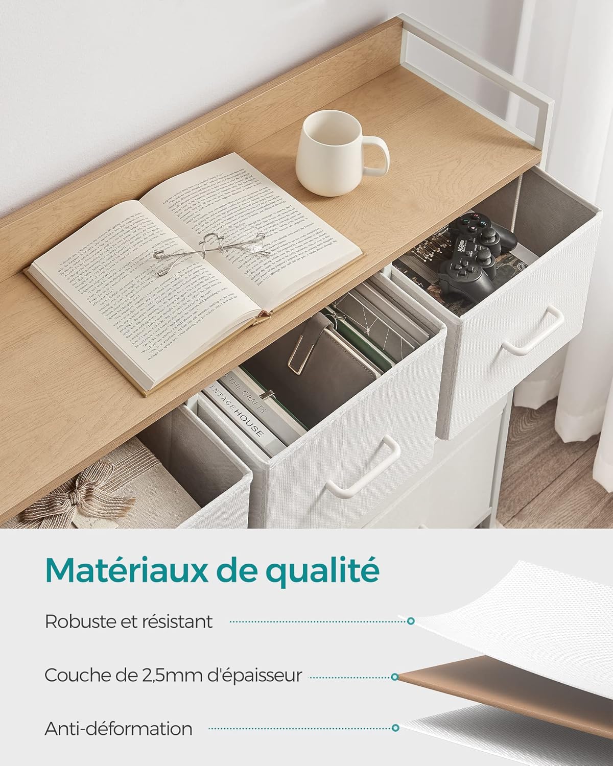 SONGMICS - commode 7 tiroirs tissu, métal, blanc/beige, style moderne, LTS523W57