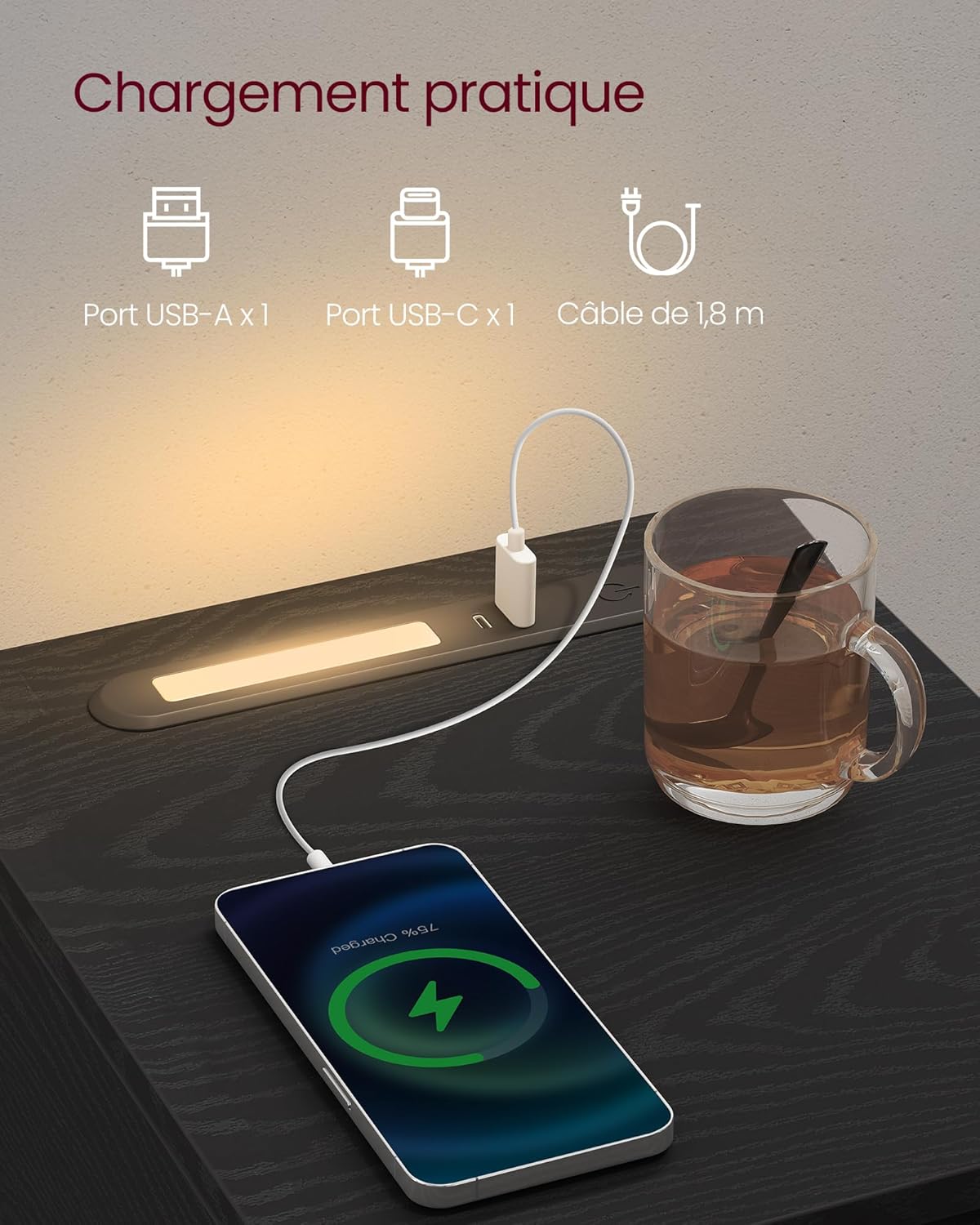 VASAGLE - lot de 2 tables de chevet LED, ports USB, tiroirs, LET710B01