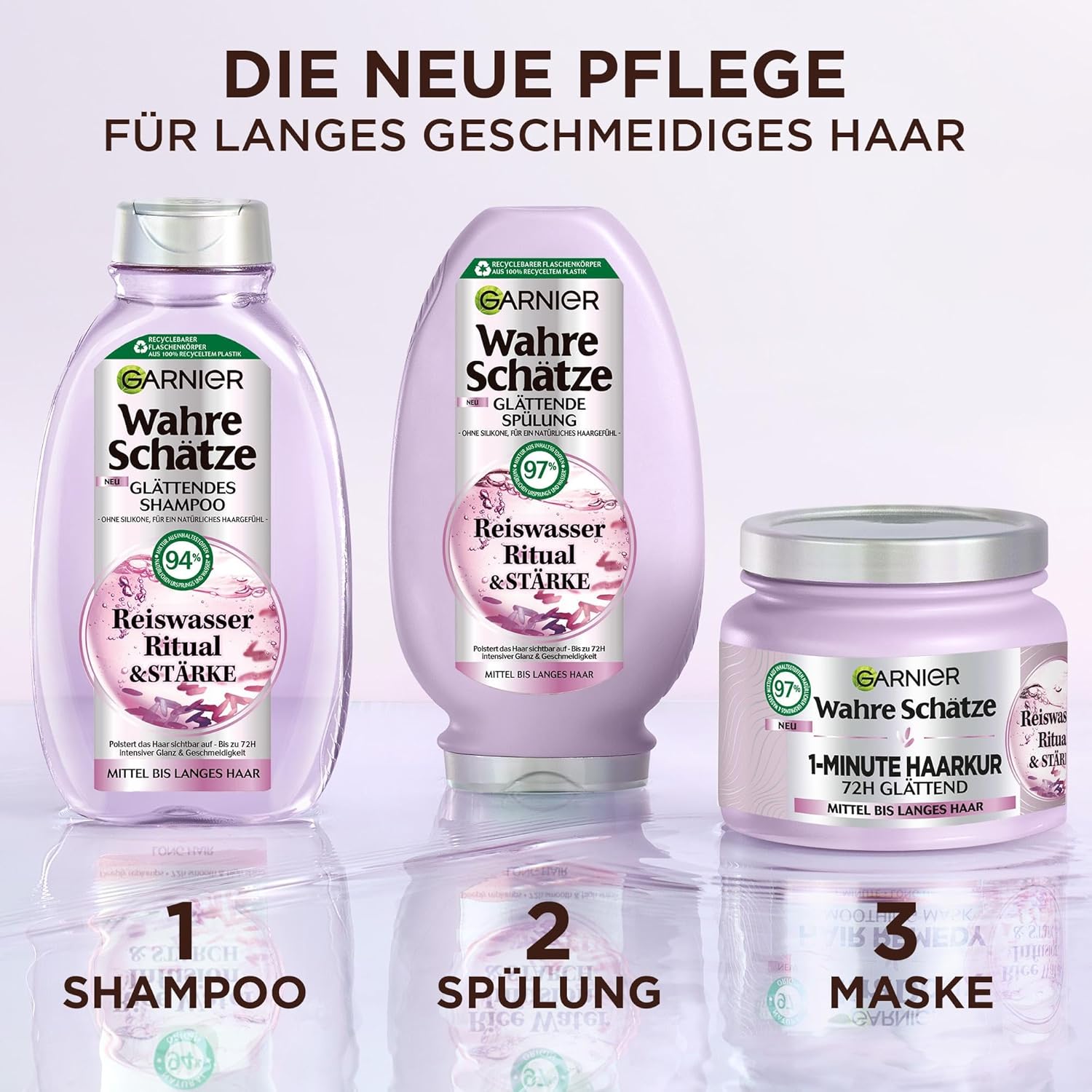Garnier - Wahre Schätze Soin Lissant Eau de Riz - 250/200/340 ml - Brillance et souplesse cheveux mi-longs