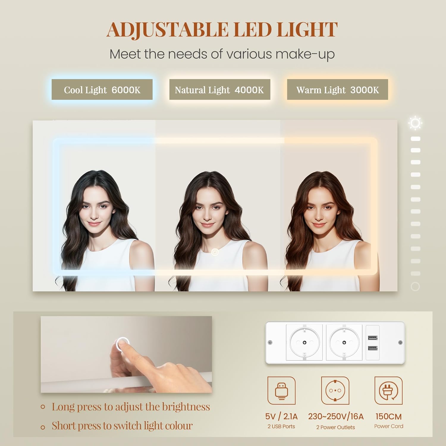 Coiffeuse - 135 cm - miroir LED, 8 tiroirs, prises, blanc-argent