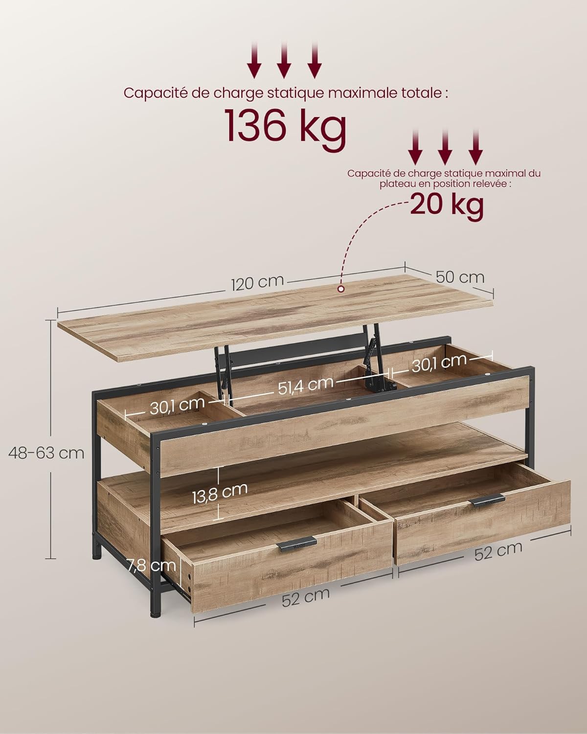 VASAGLE - table basse série LCT252K02 - 50x120cm - plateau relevable, tiroirs, rangements, marron/noir - LCT252K02