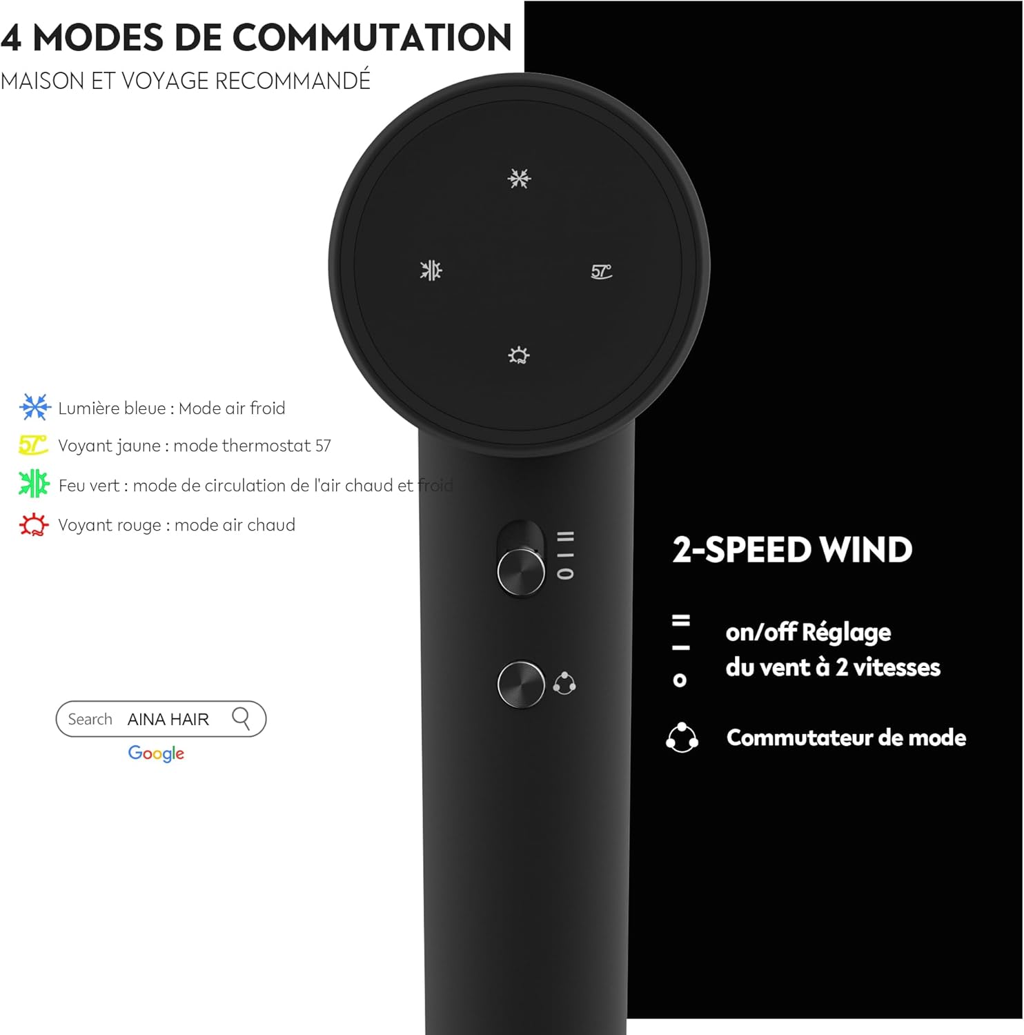 AINA - sèche-cheveux compact, ionisant, léger, 150000 tr/min - 1A Noir