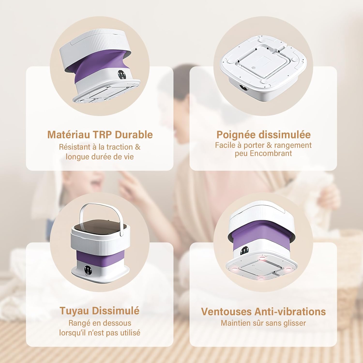 Mini lave-linge portable 10L, pliable, 3 modes, essorage amovible