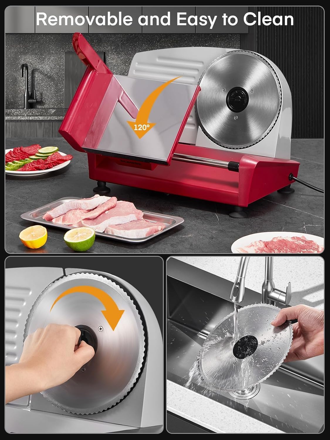 Trancheuse électrique - 250W, 19cm, 3 lames inox, épaisseur réglable, sécurité