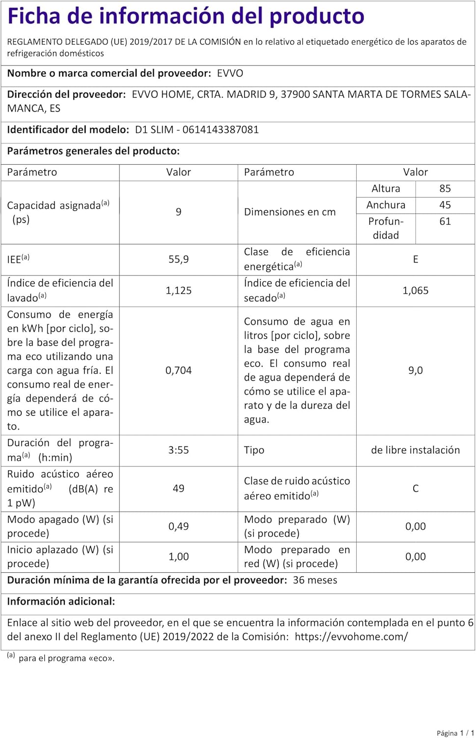 EVVO - Lave-vaisselle Slim 45 cm, 9 couverts, 5 programmes, D1