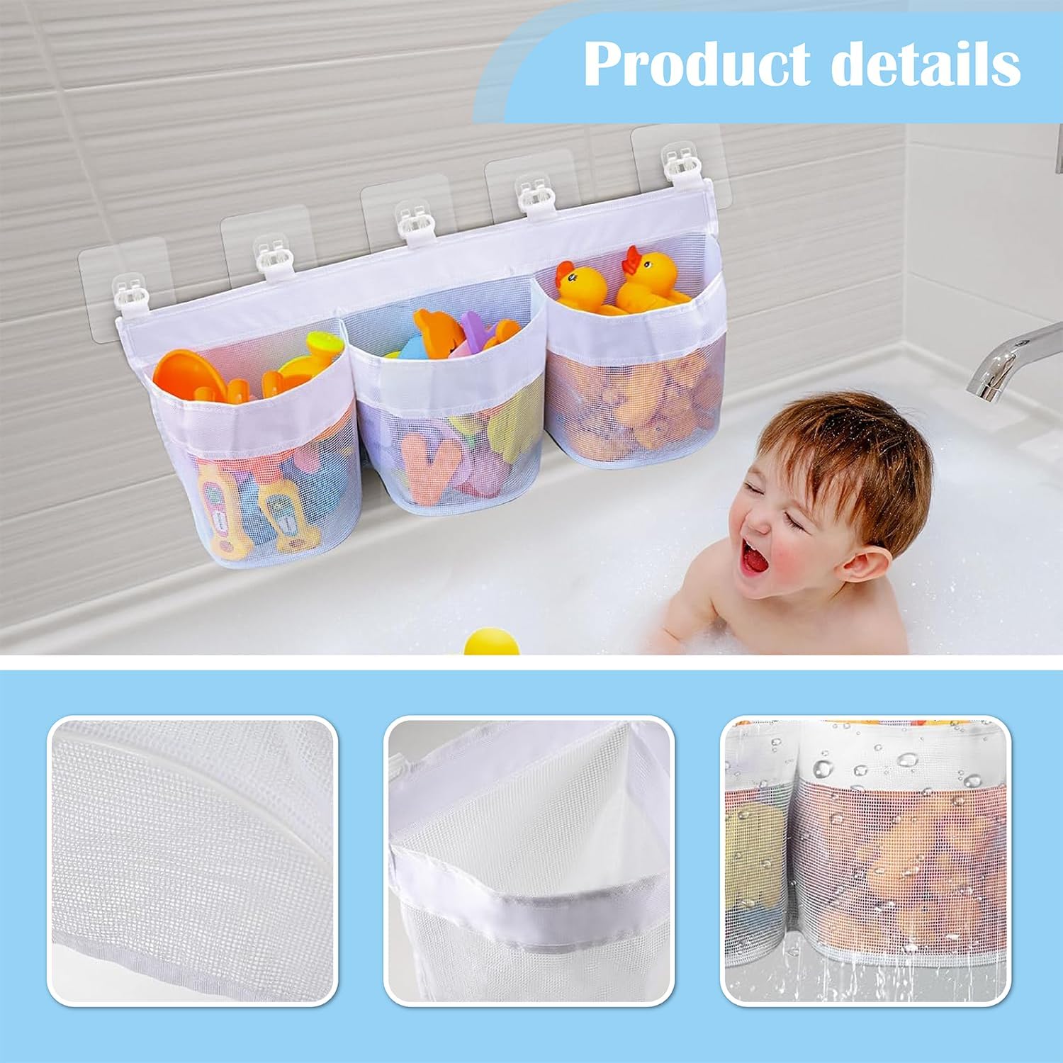 Filet de rangement jouets bain 3 compartiments, grande capacité, maille respirante, 4 crochets adhésifs