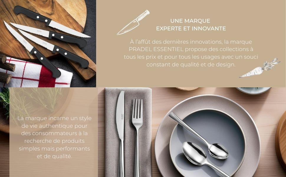 Le texte indique « UNE MARQUE EXPERTE ET INNOVANTE ». Photo de style de vie montrant un décor de table avec des couverts, des assiettes et des couteaux de cuisine sur fond beige.