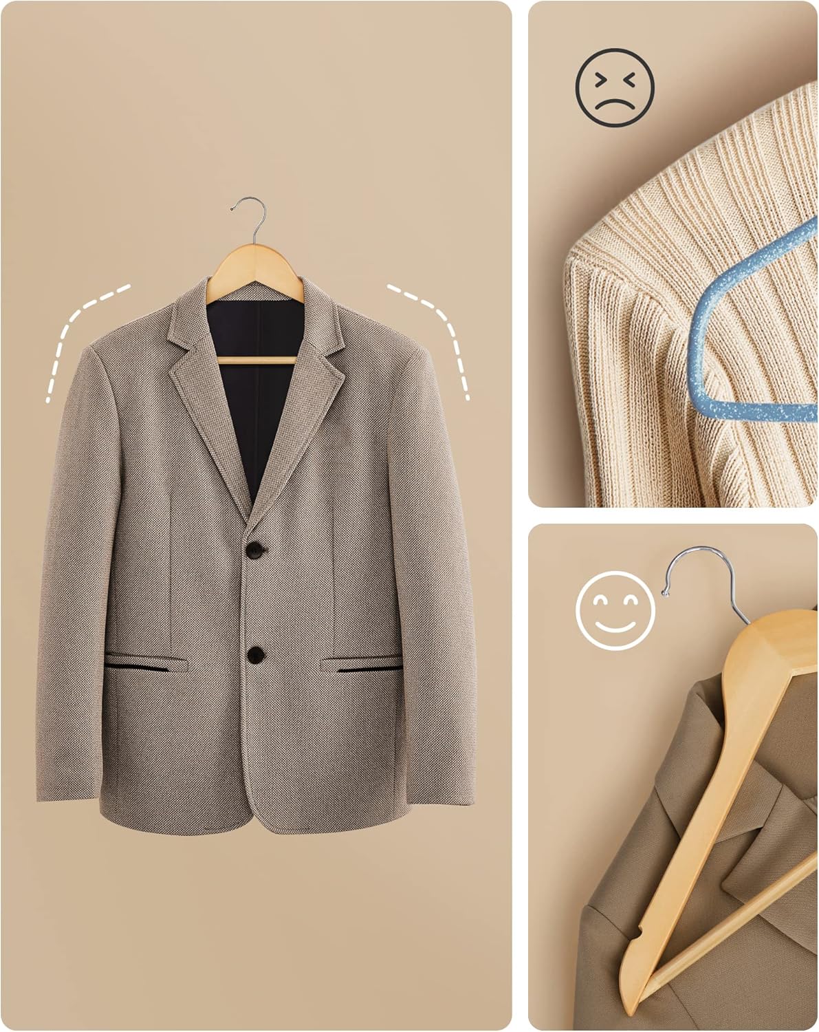 SONGMICS - Cintres bois lot de 20 - encoches antiglisse, barre pantalon, crochet 360°, CRW001-20