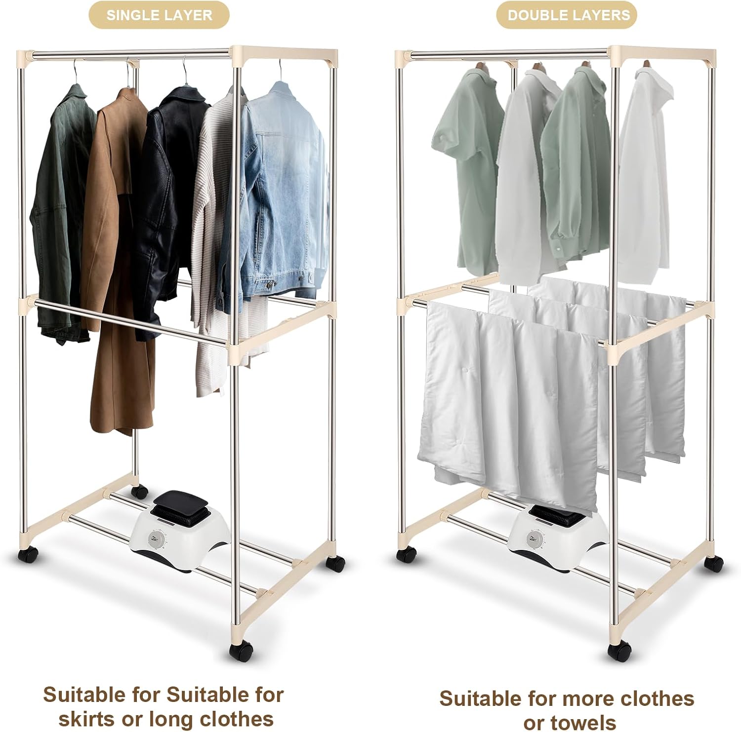 Séchoir électrique portable - double couche, minuterie, 1500W, armoire