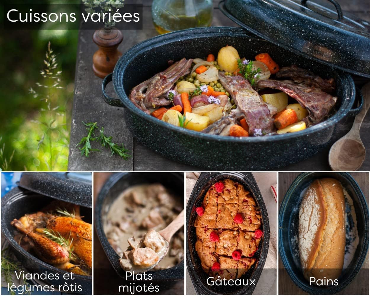 Graniteware - cocotte roaster grande capacité - acier émaillé, grille inox, livre de recettes