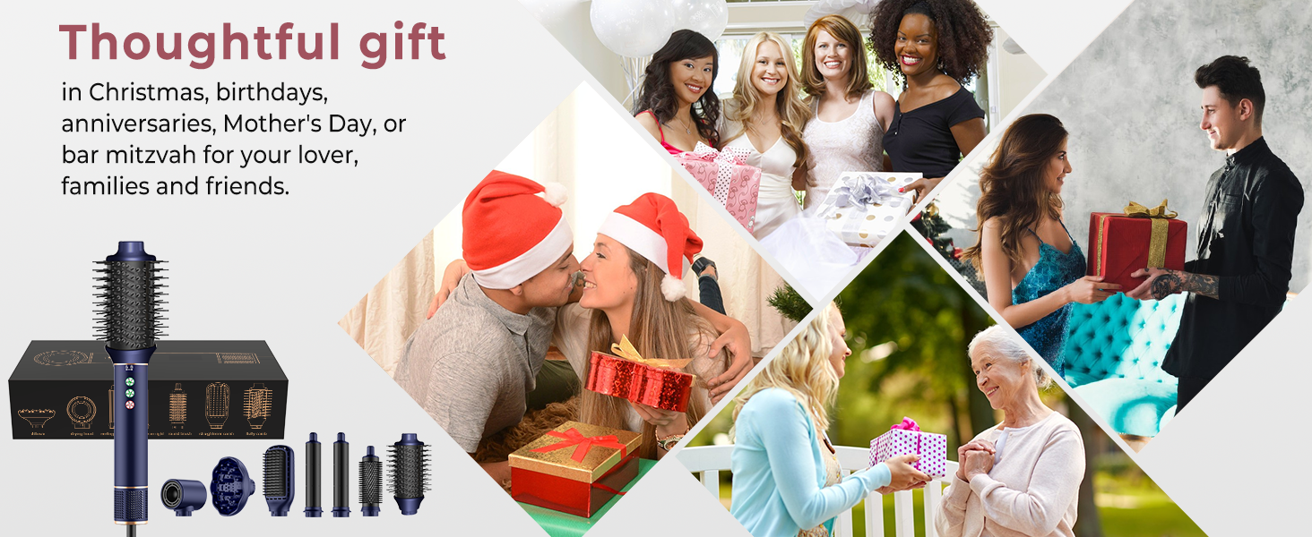 avec brosse électrique et accessoires multiples. Étui de transport inclus. Présenté à côté d'images de personnes échangeant des cadeaux dans différents contextes.