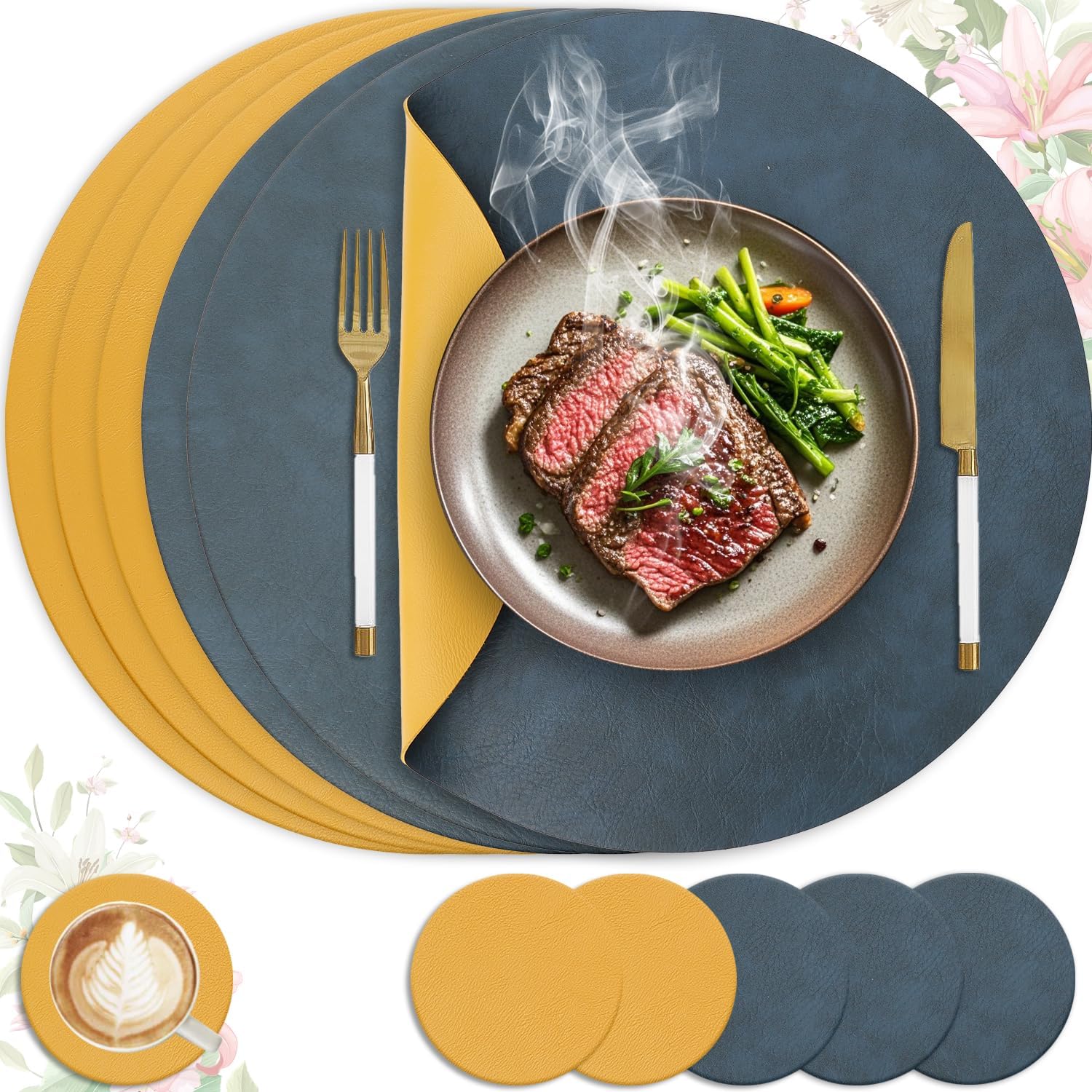 Set de table - rond 36x36cm - cuir PU, lavable, antidérapant, lot de 6