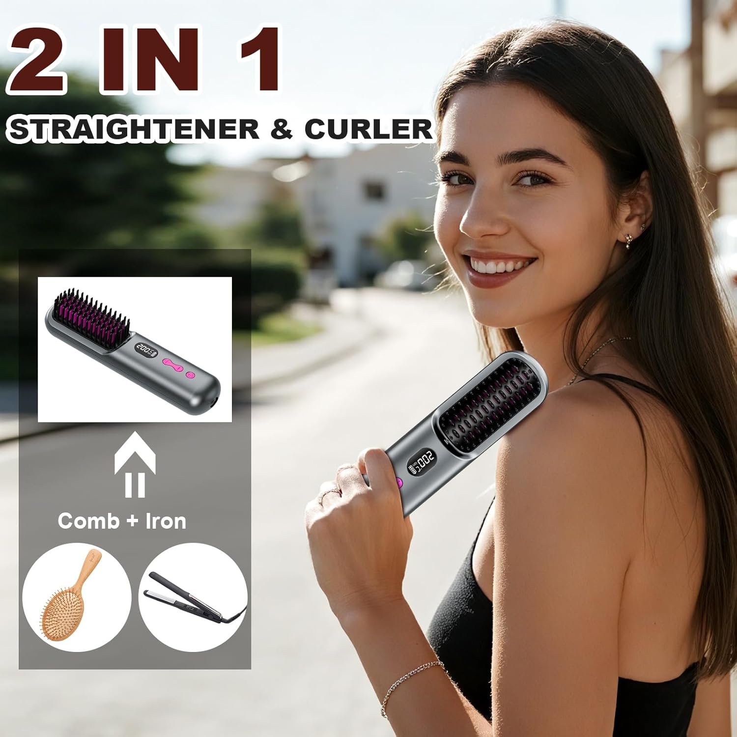 Brosse lissante portable USB, 9600mAh, ion négatif, chauffante, gris