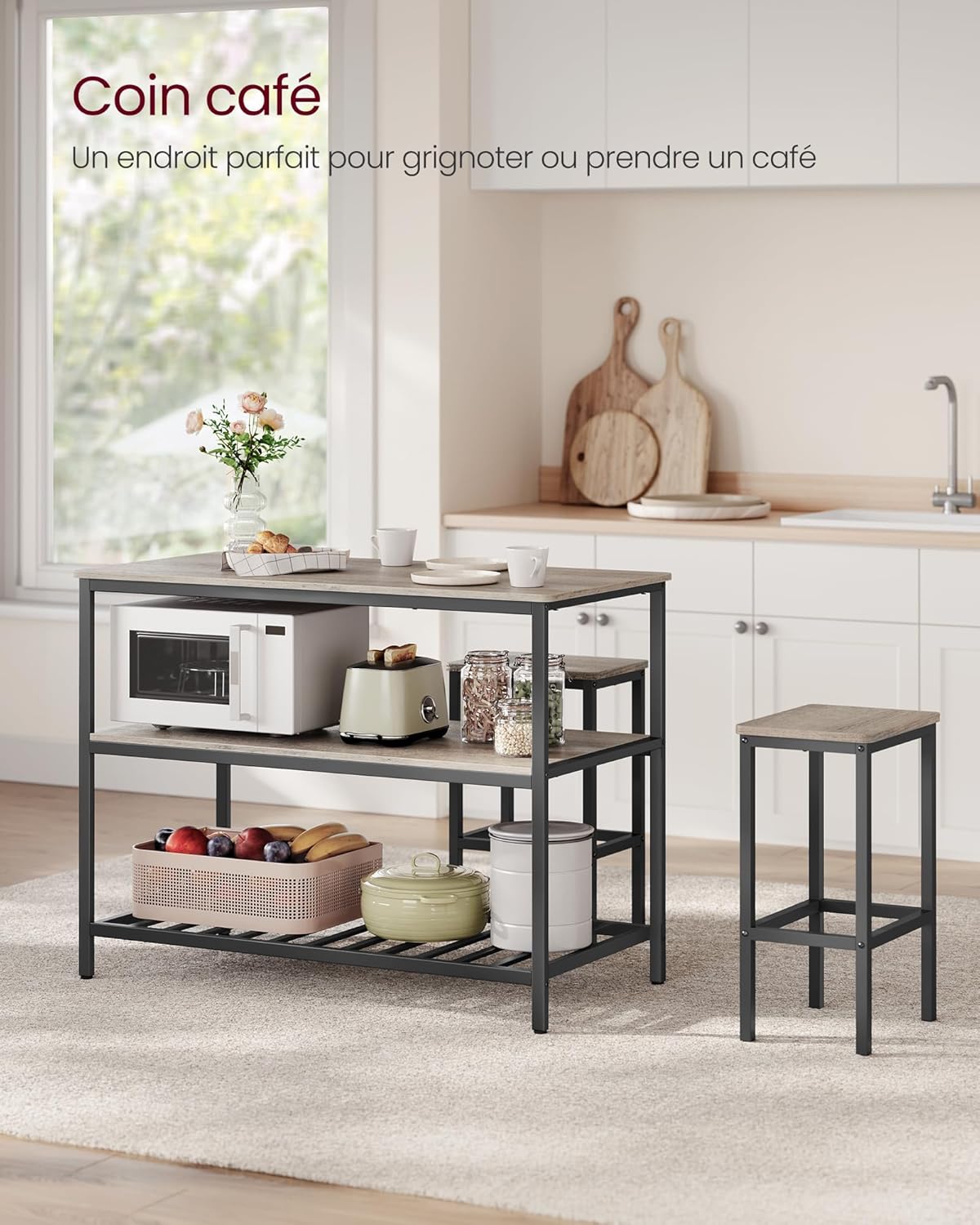 VASAGLE - îlot de cuisine industriel, 60x120x90 cm, 3 étages, KKI001B02