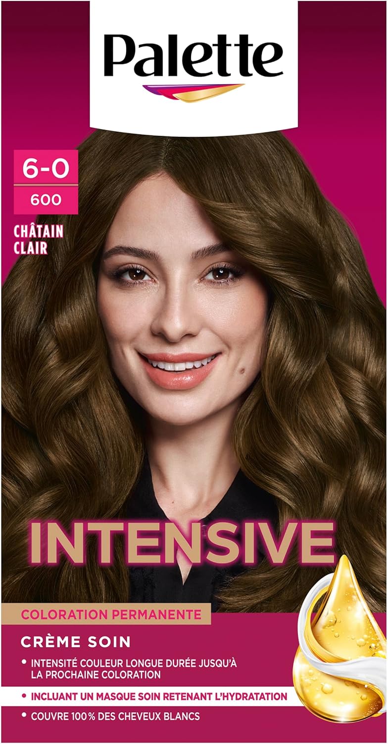Palette - Intensive coloration permanente, cheveux châtain clair, 600, soin, couvre 100% blancs