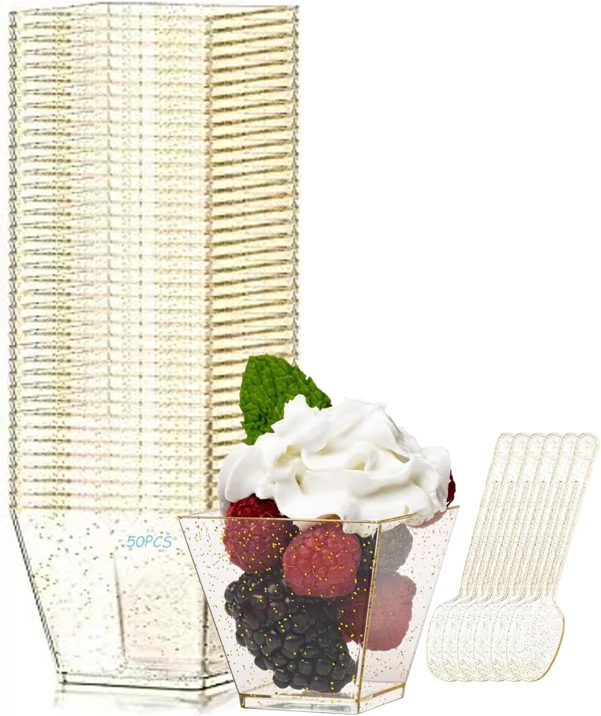 Tasses à dessert - 50pcs, 60ml, réutilisables, avec cuillères, plastique, or