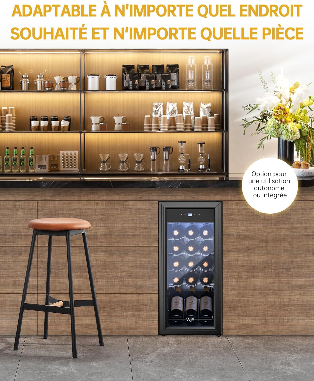 WIE - cave à vin 18 bouteilles, 53L, porte vitrée, compresseur, LED
