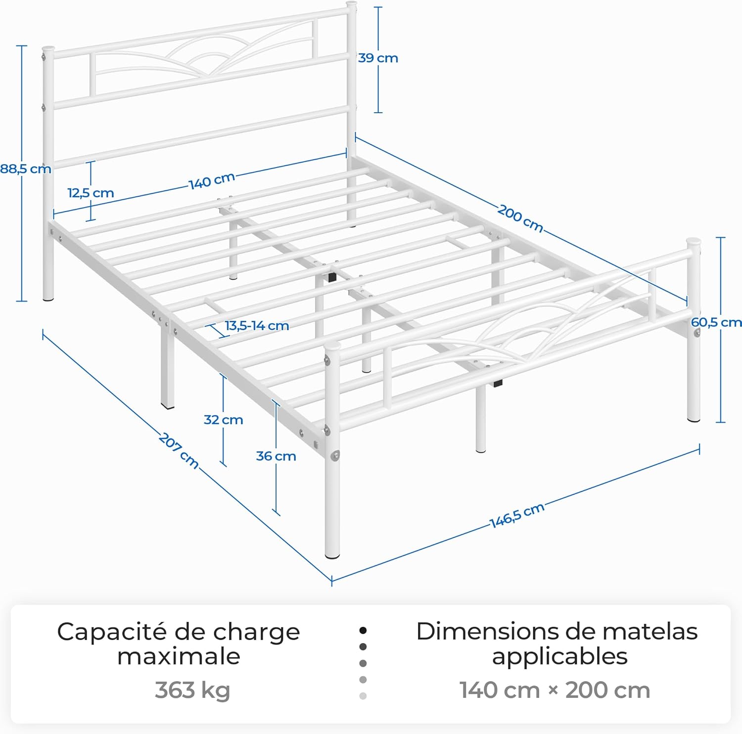 Yaheetech - lit simple métal - 140x200cm - cadre solide blanc