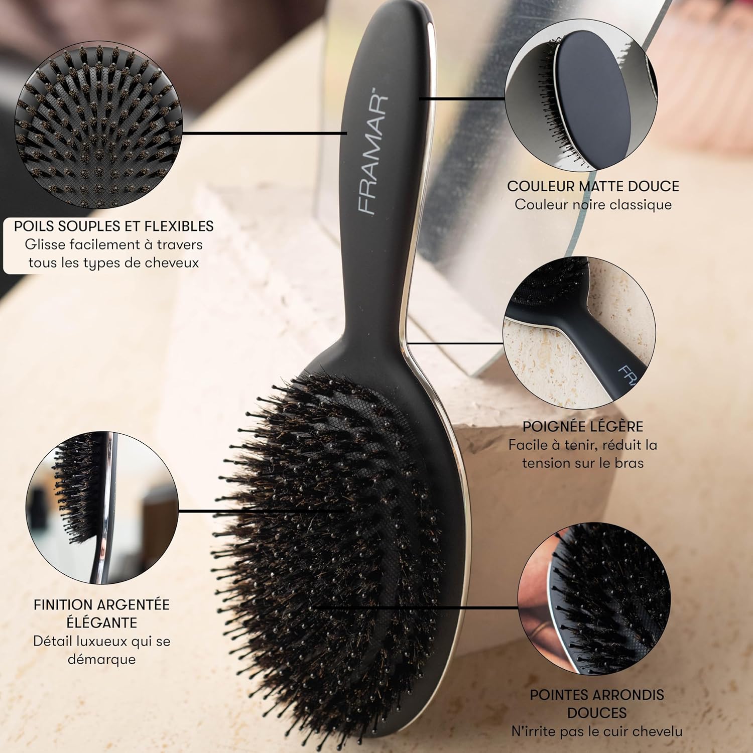 FRAMAR - Brosse poils de sanglier - souple, naturelle, volume, brillance
