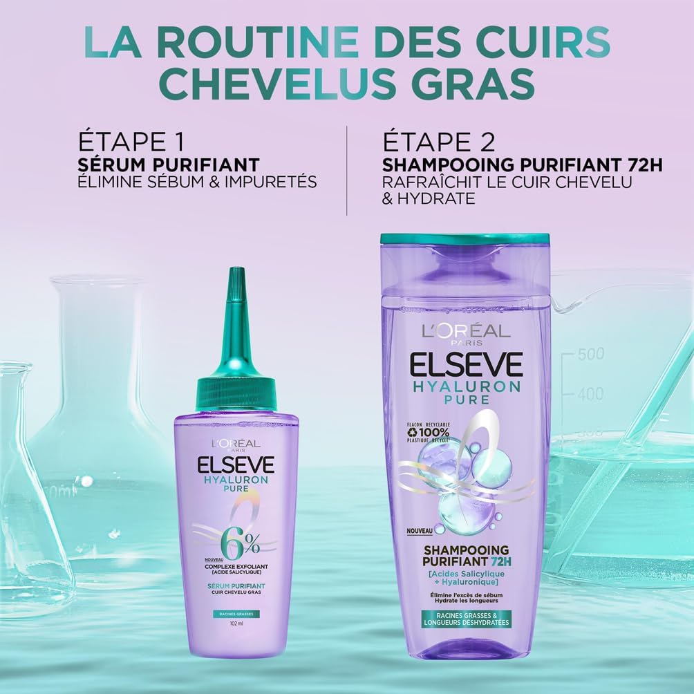 L'Oréal - Elseve Hyaluron Pure - 300 ml - Shampooing purifiant acide salicylique/hyaluronique, 72H cuir chevelu gras