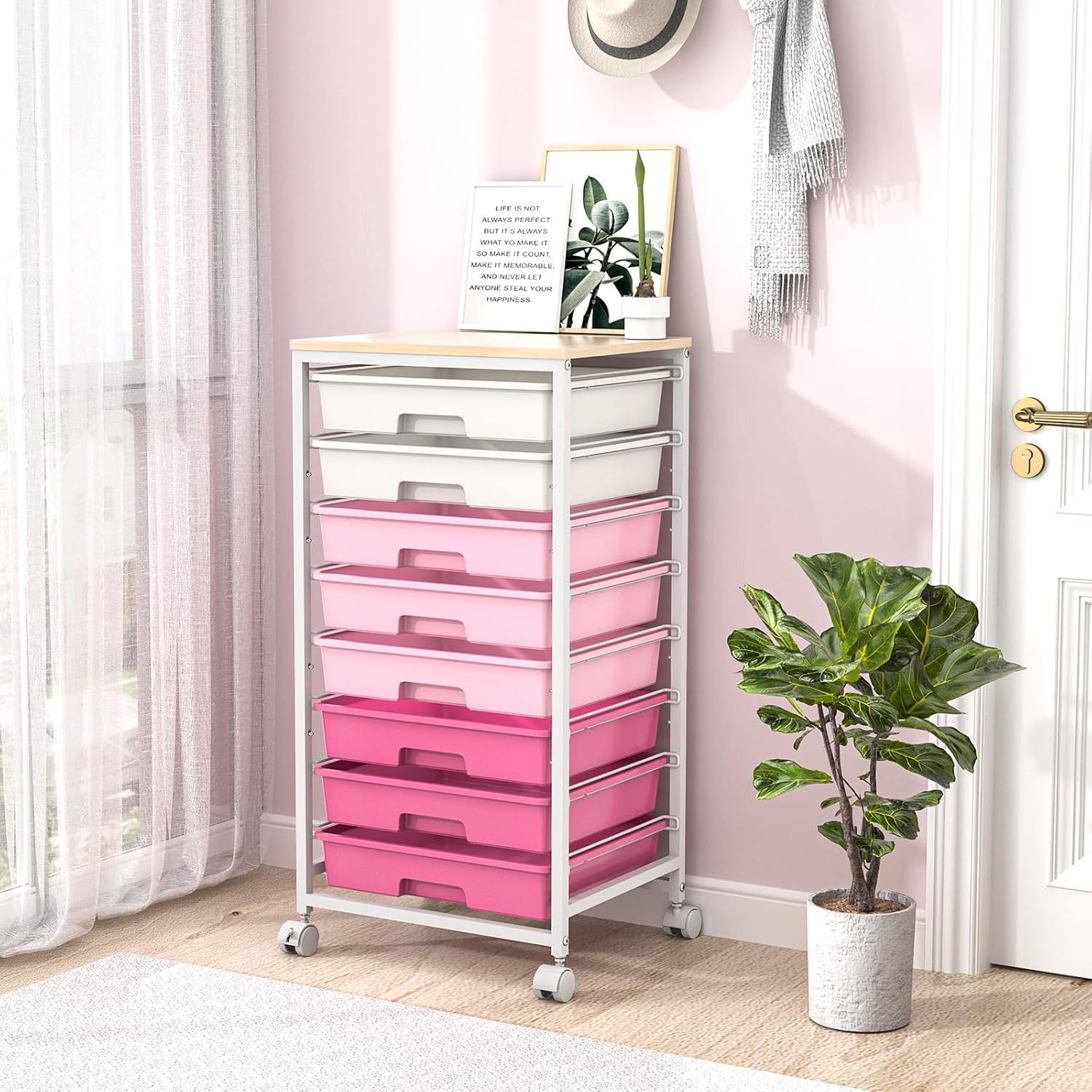 Chariot de Salle de Bain - 8 tiroirs, roulettes, plateau bois, rose, grande capacité
