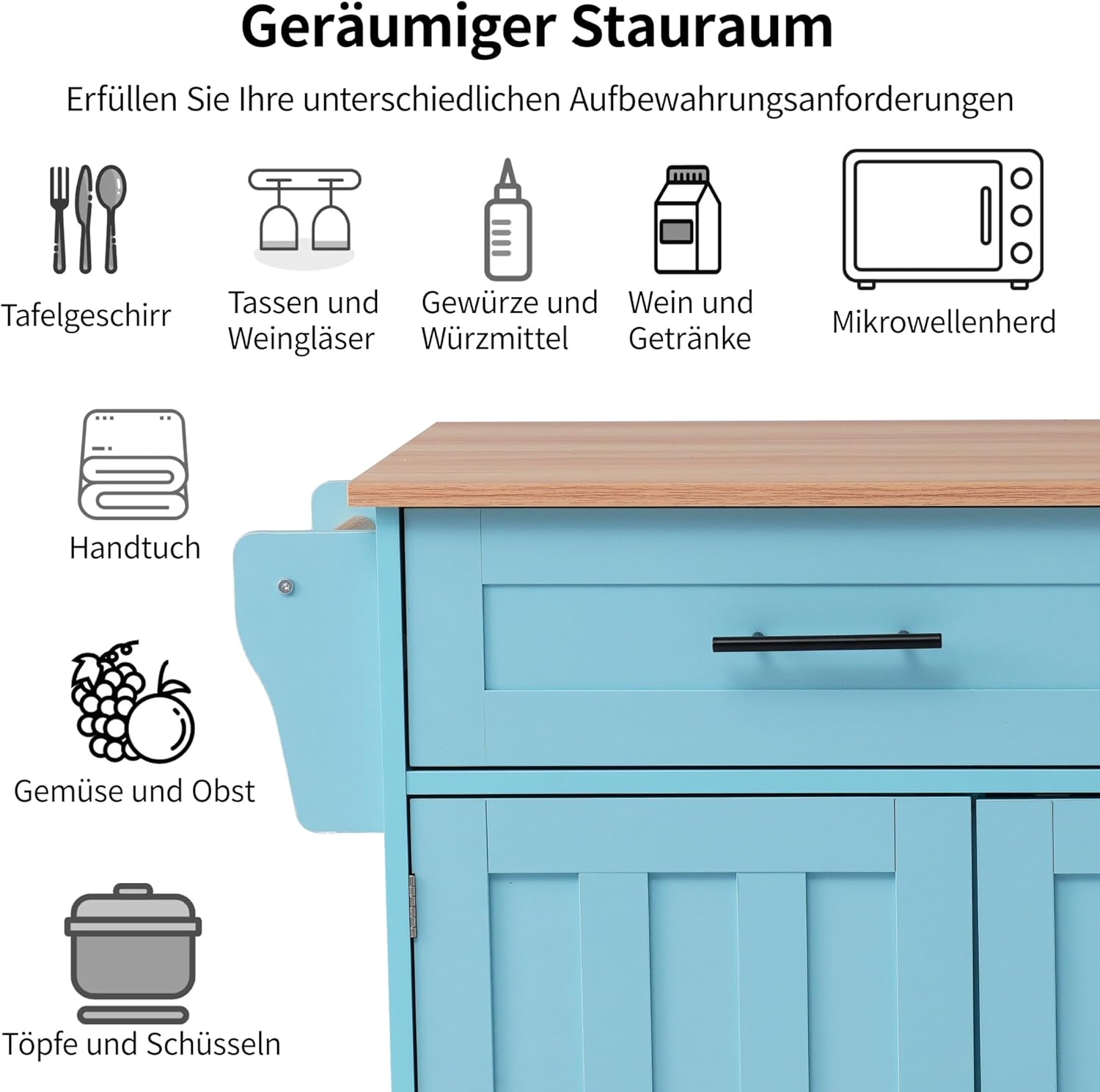 Desserte îlot de cuisine sur roulettes - 129x71x91,5 cm - plans rabattables, 2 tiroirs, 3 portes, bleu