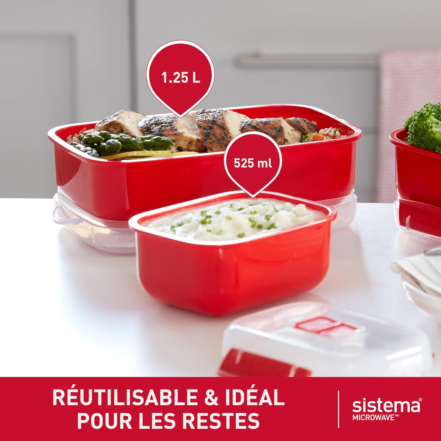 Sistema - Heat and Eat rectangulaire - 1,25L/525ml - micro-ondes, couvercle clipsé, valve vapeur - 82005