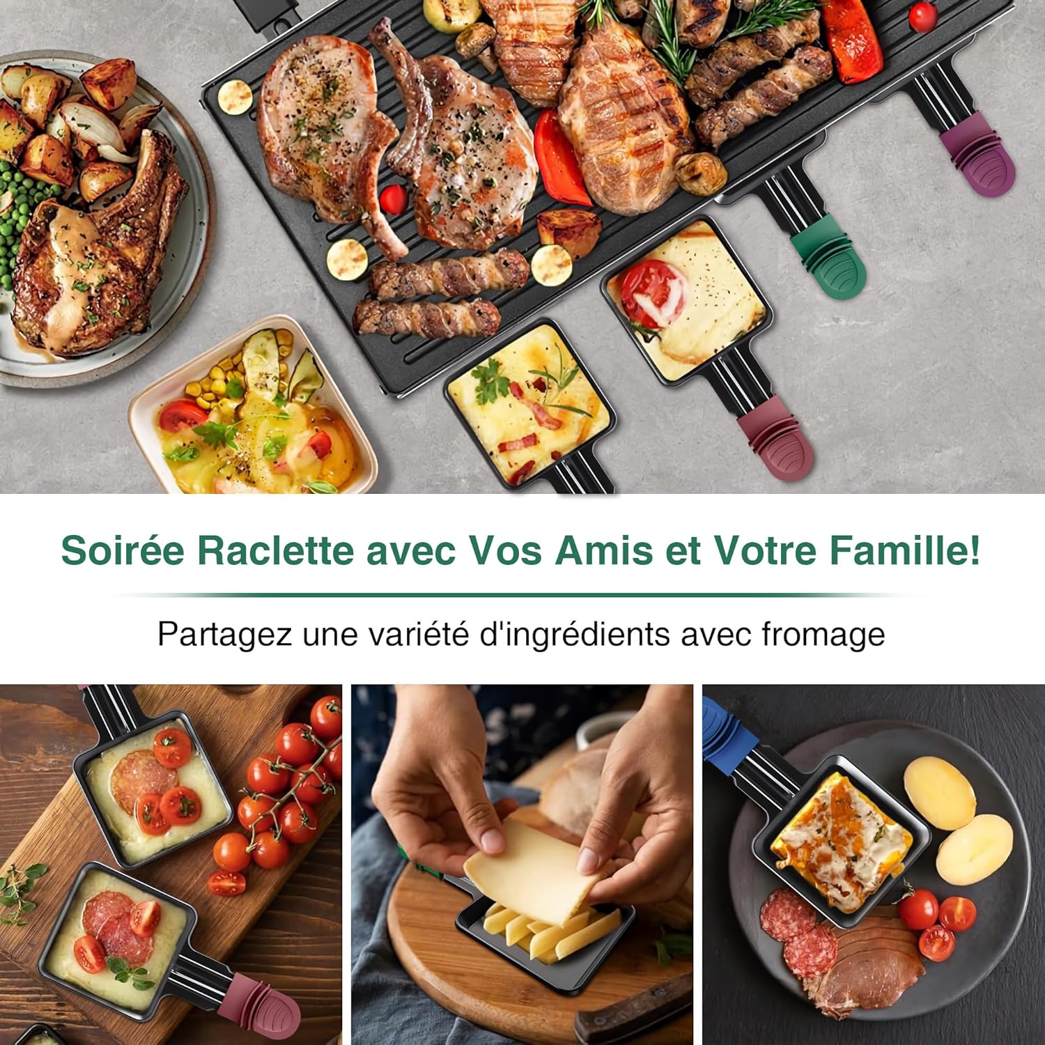 Poêlons à raclette carrés - 8 pièces, antiadhésifs, poignées colorées, lave-vaisselle
