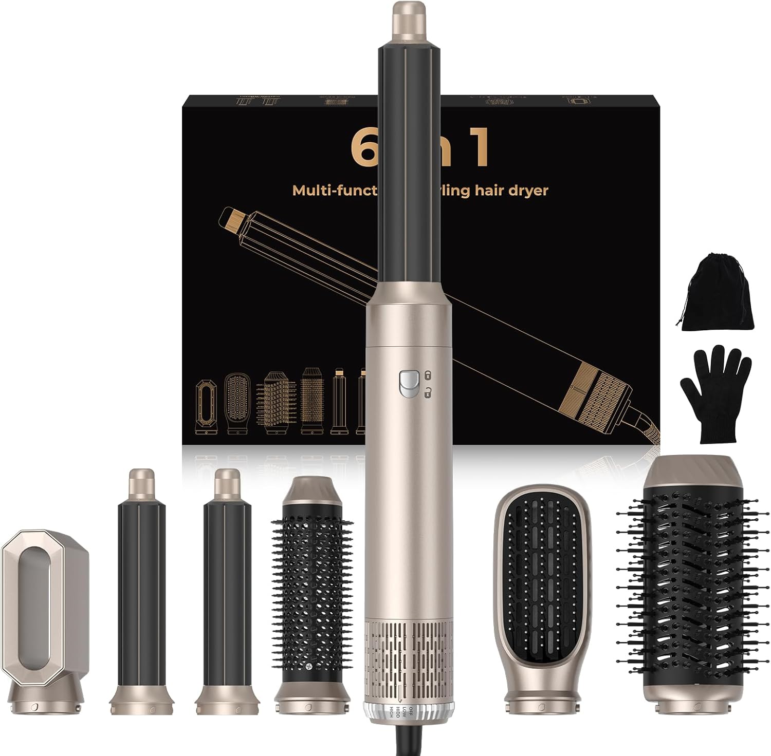 Mogawave - Air Styler 6 en 1 - 1000W - 3 températures, sèche, boucle, lisse