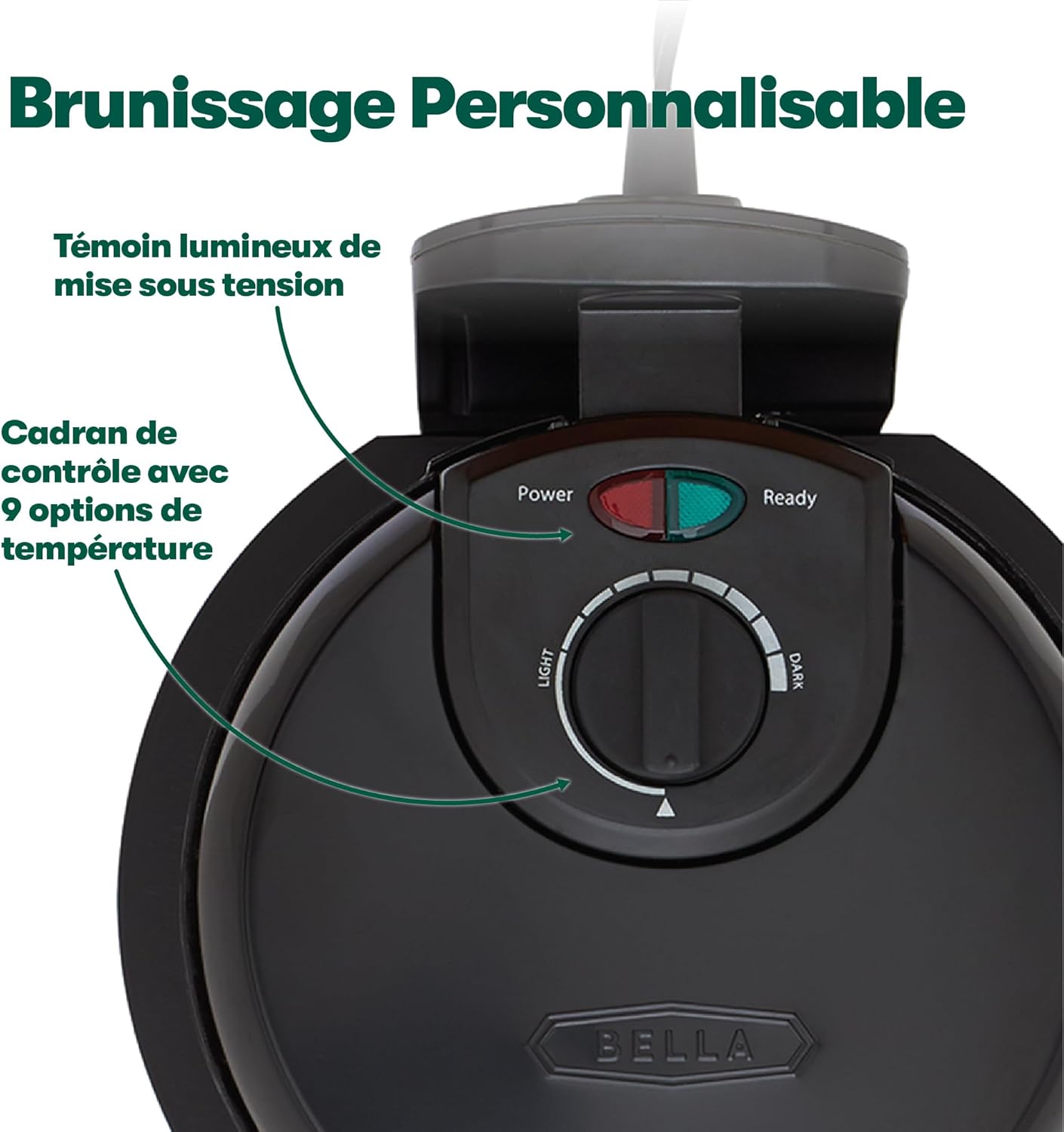 Bella - Gaufrier rotatif classique - plaques antiadhésives, contrôle brunissement, poignées froides