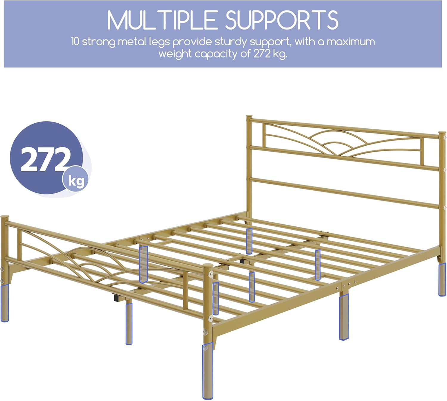 Yaheetech - lit double métal - 140x200cm - montage facile, or antique