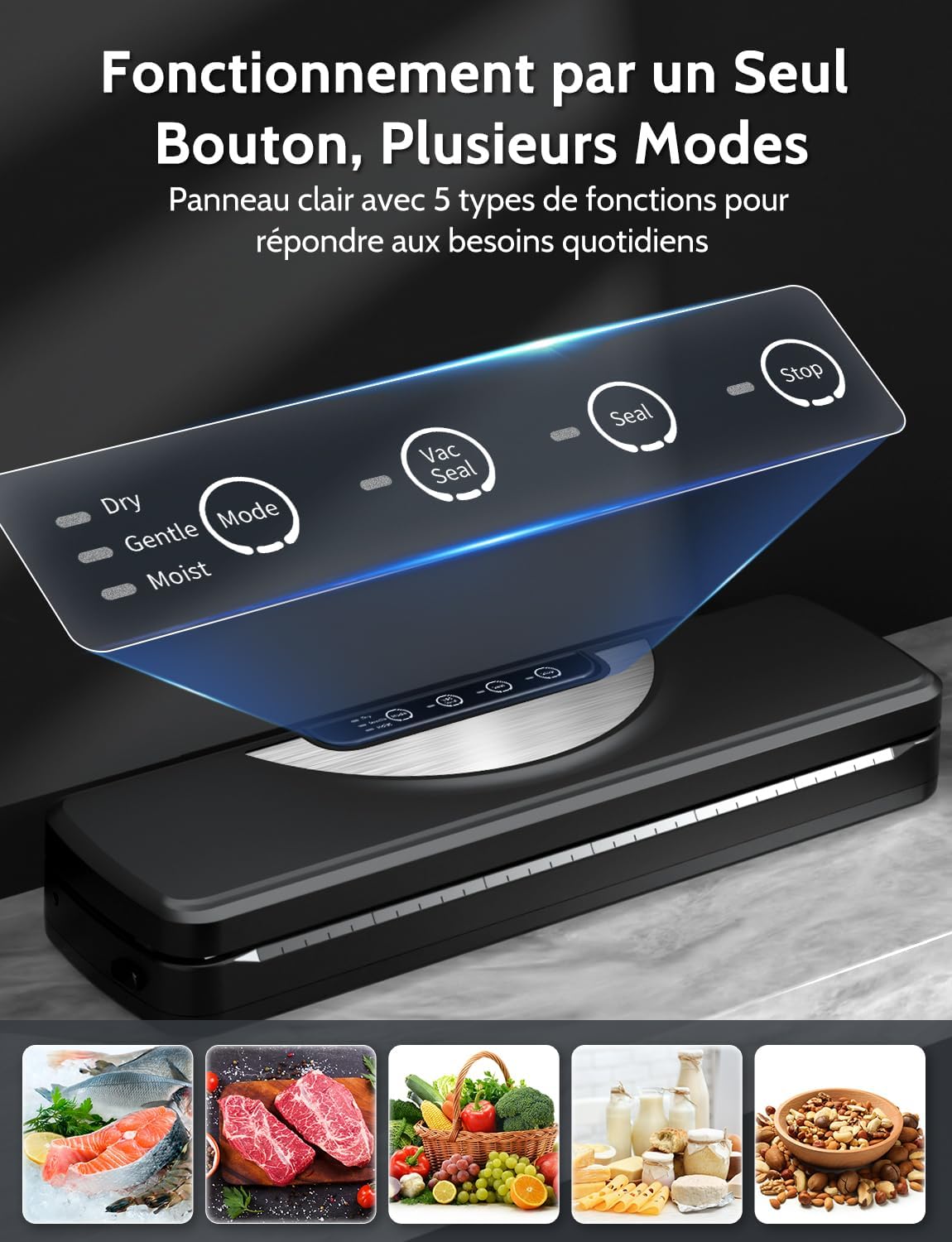 Machine sous vide alimentaire 5 en 1, couteau inclus, modes sec/humide, sacs et tuyau
