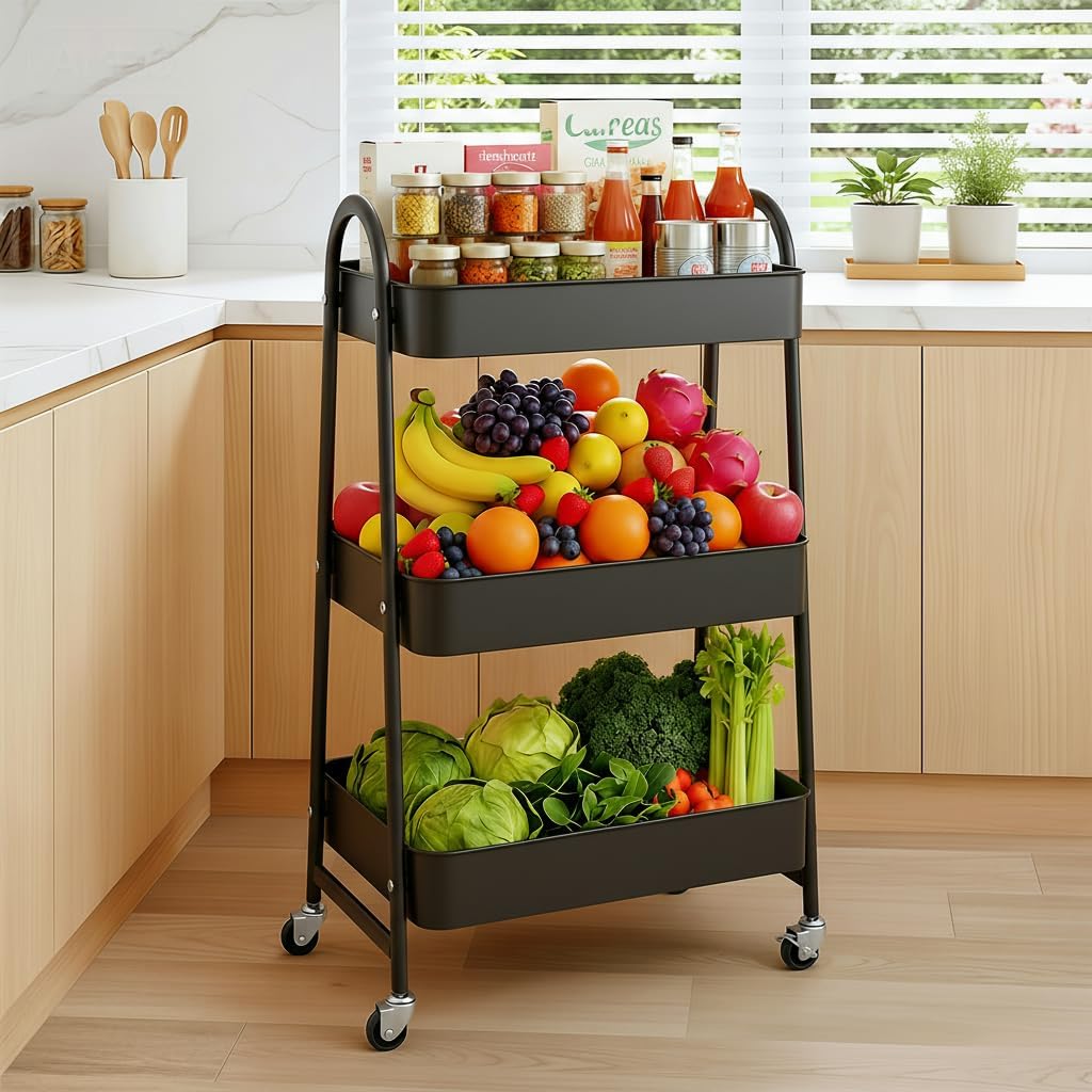 Chariot de rangement - 3 étages - métal, roulettes, polyvalent, noir