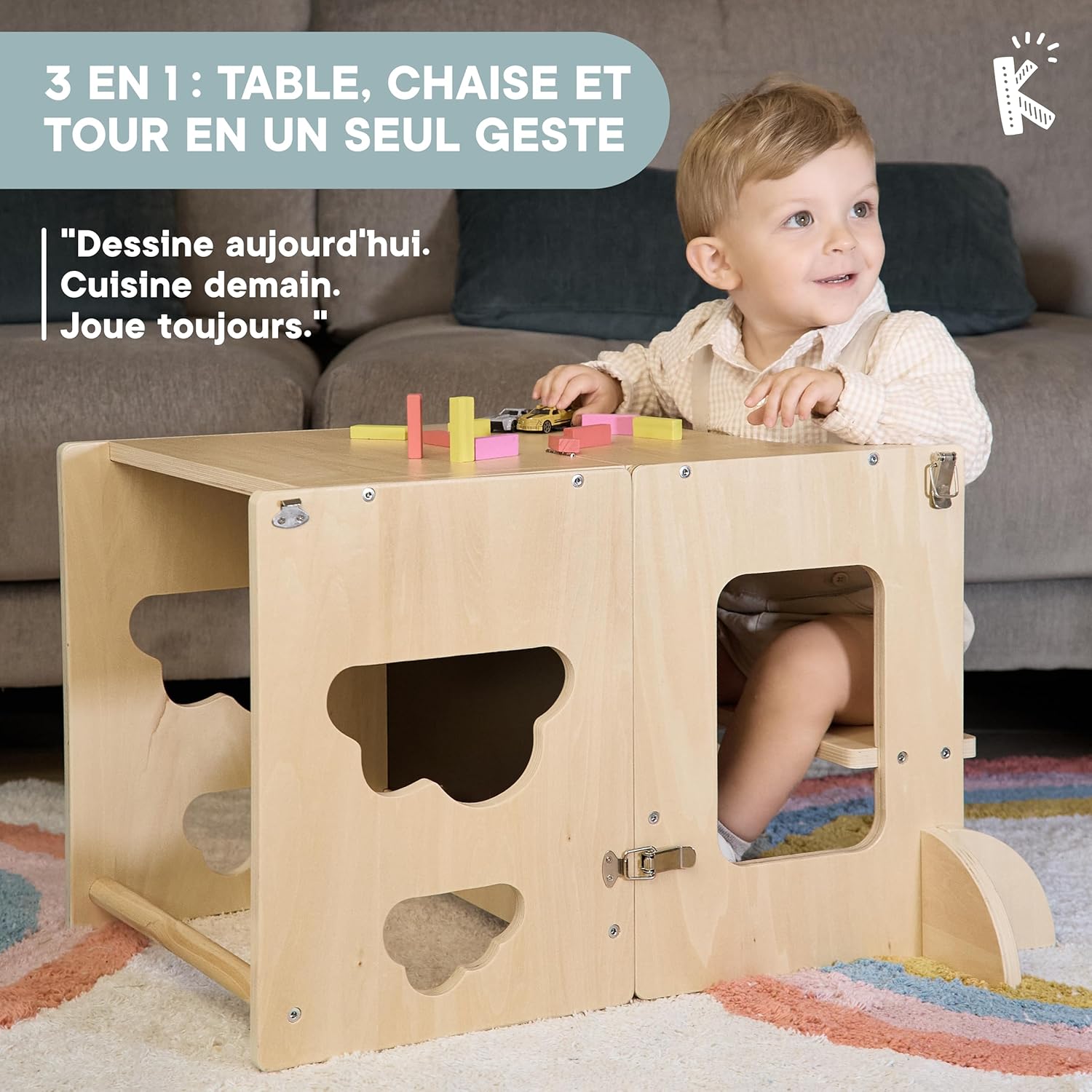 Tour d'observation enfant - bureau pliable 3 en 1 - bois FSC - ardoise, reforestation