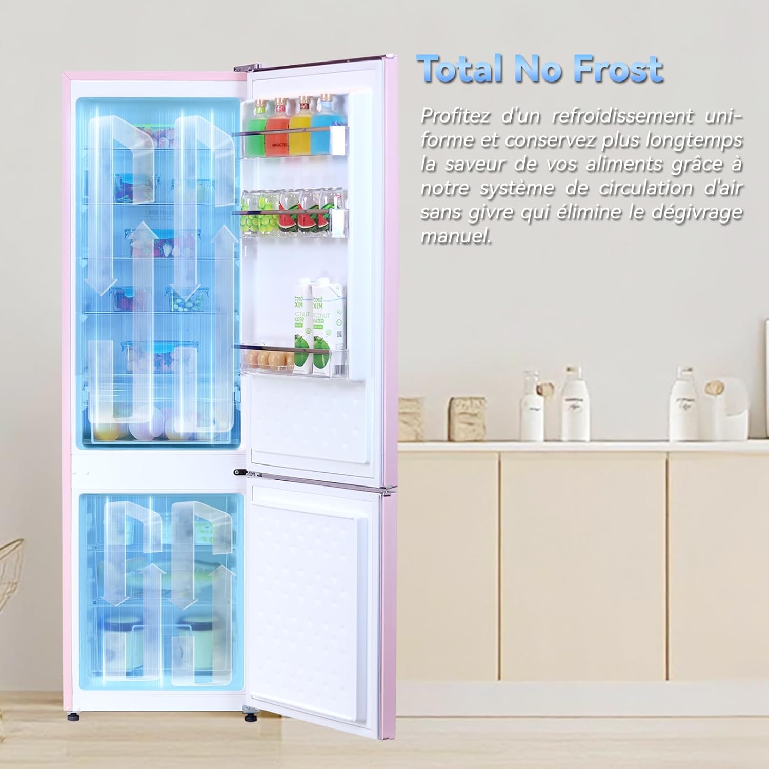 magictec - réfrigérateur vintage, 179 cm, 236L, No Frost, alarme, rose