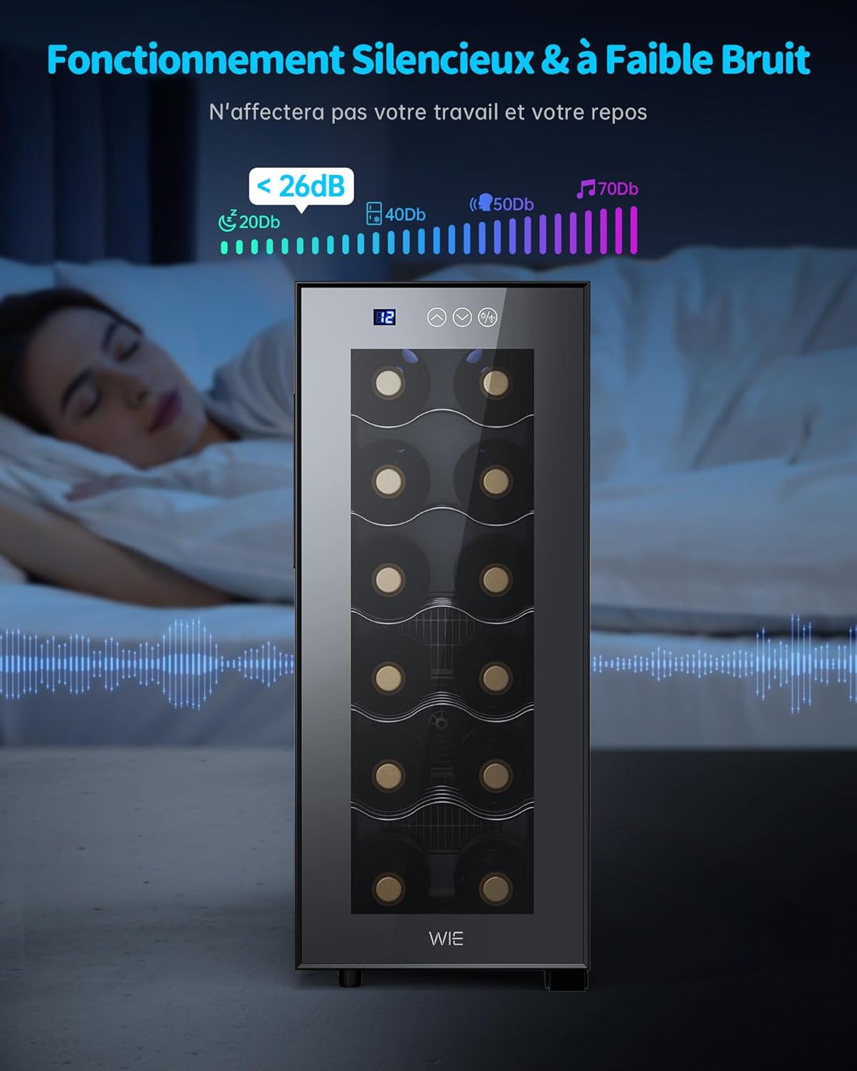 WIE - Cave à vin Mini - 33L - 12 bouteilles, miroir, LED, écran tactile