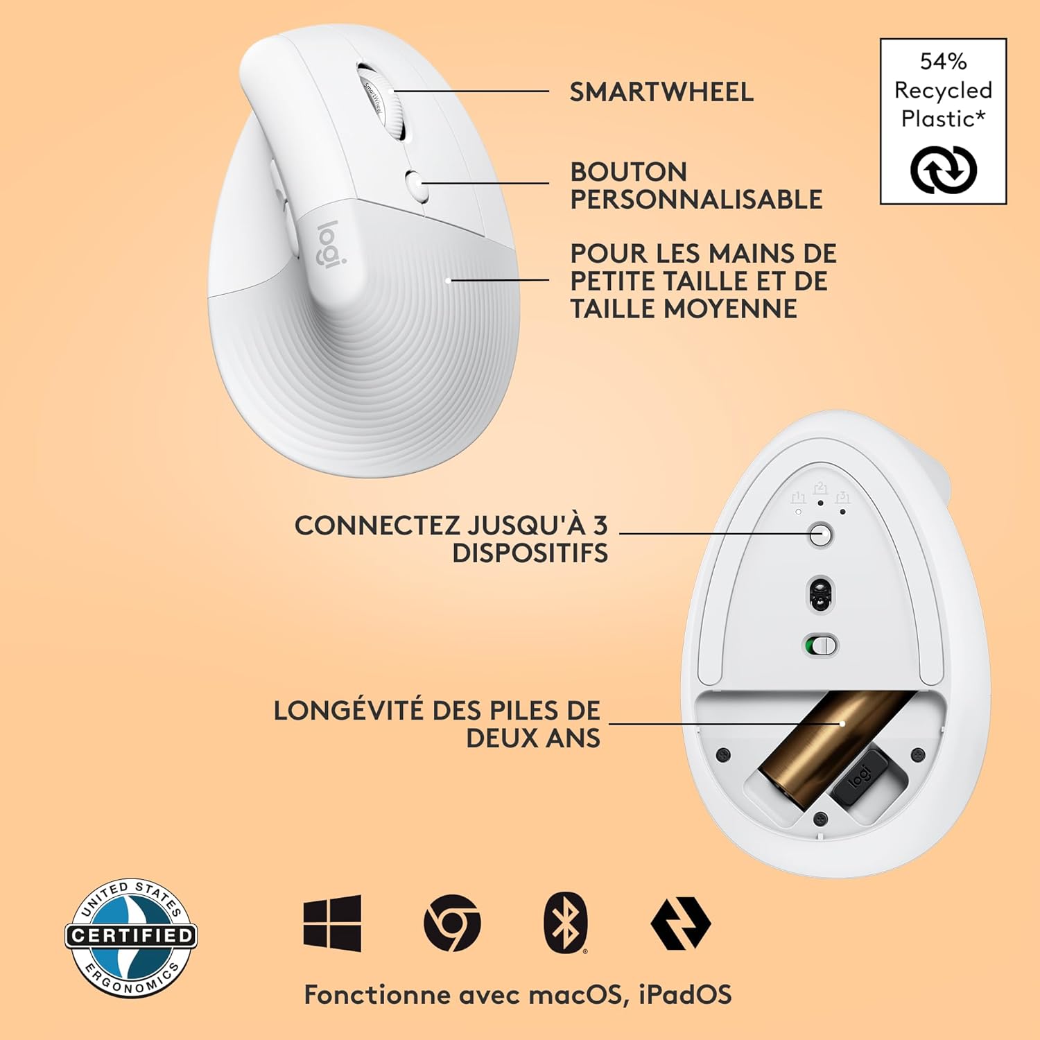 Logitech - Lift série - souris verticale sans fil, Bluetooth, 4 boutons, silencieuse, blanche