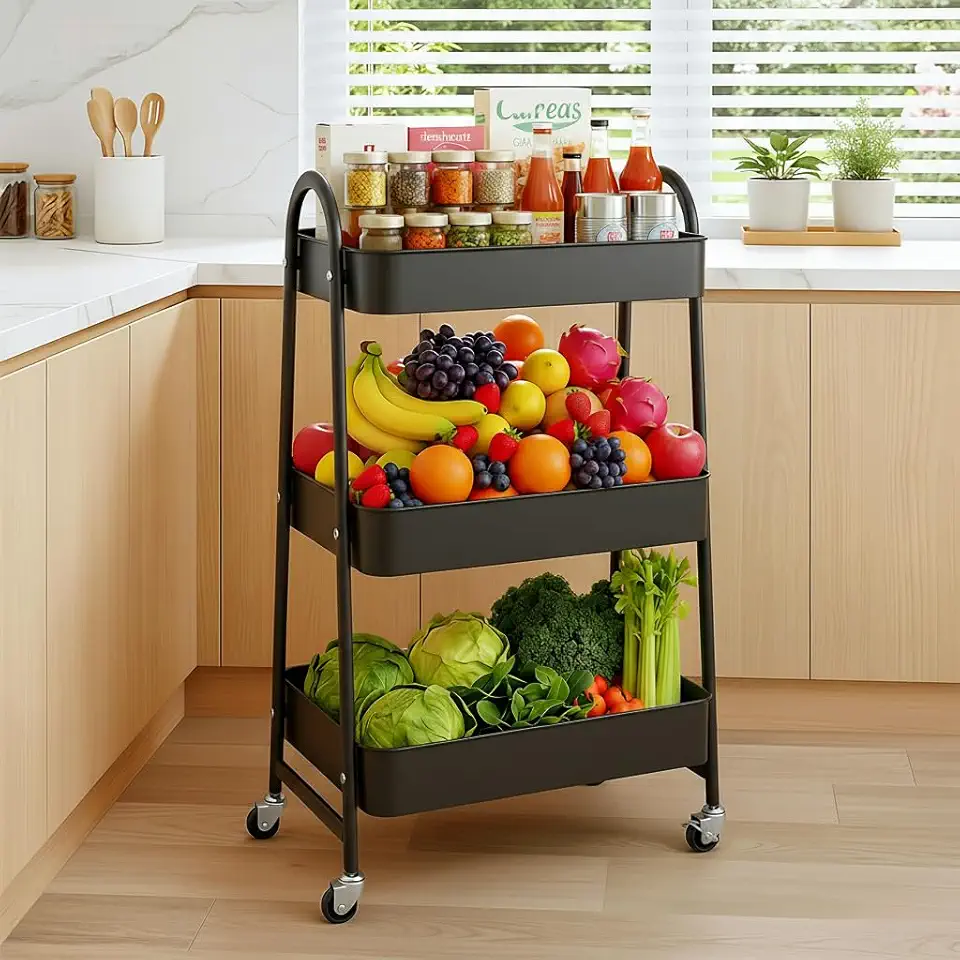 Chariot de rangement - 3 étages - métal, roulettes, polyvalent, noir