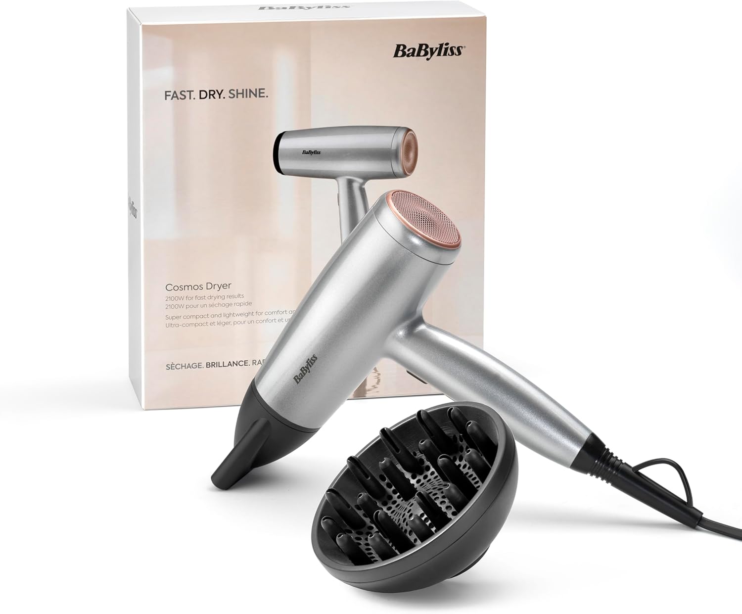 BaByliss - Cosmos, 2100W, ionique, diffuseur, 3 temp., argenté, D580DE