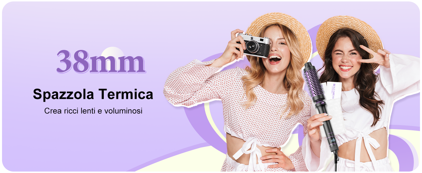 Le texte indique « 38 mm » et « Spazzola Termica ». Image promotionnelle teintée de violet avec éléments décoratifs et personnages.