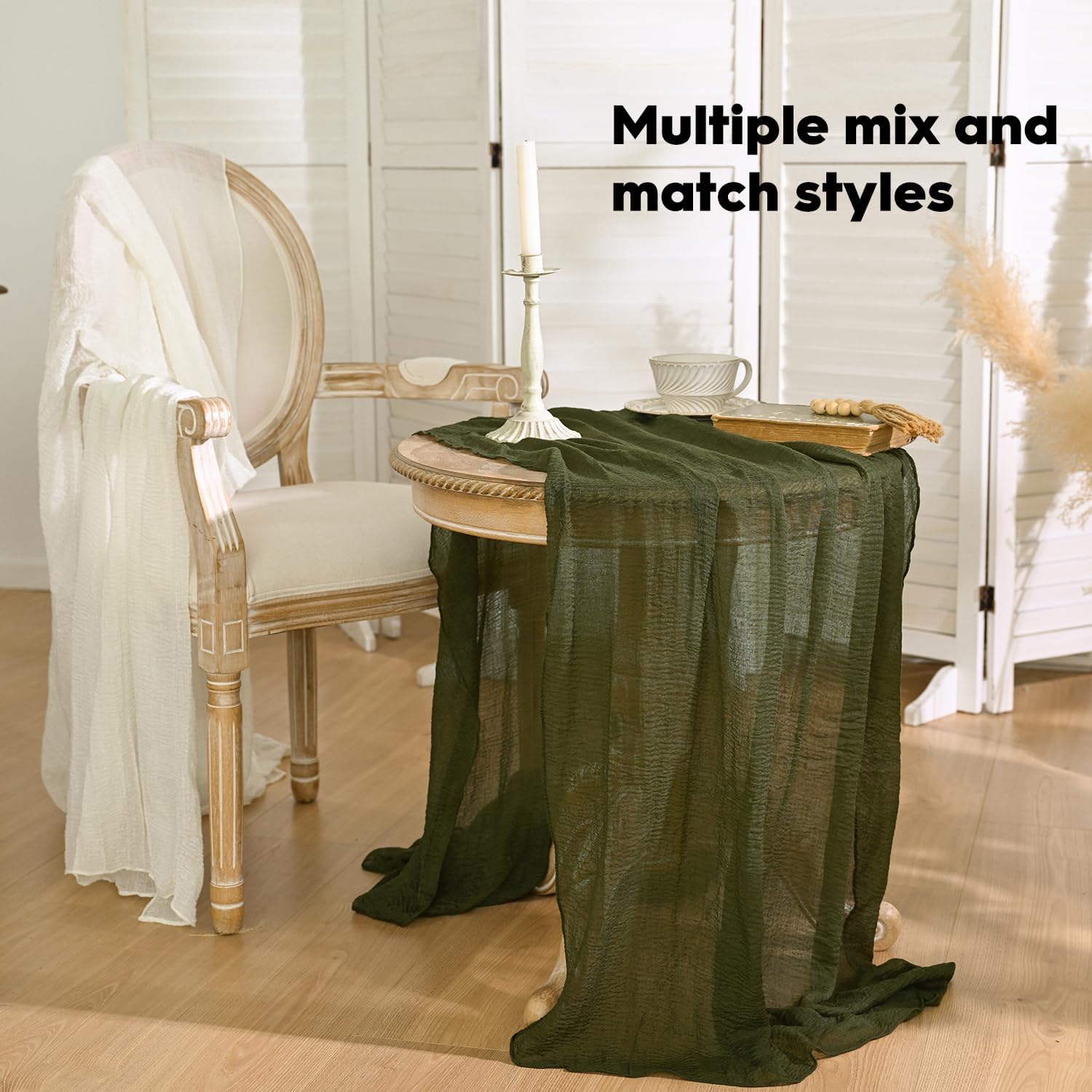 Artoid Mode - Chemin de Table Bohême - 300 cm - Gaze Mousseline Vert Olive