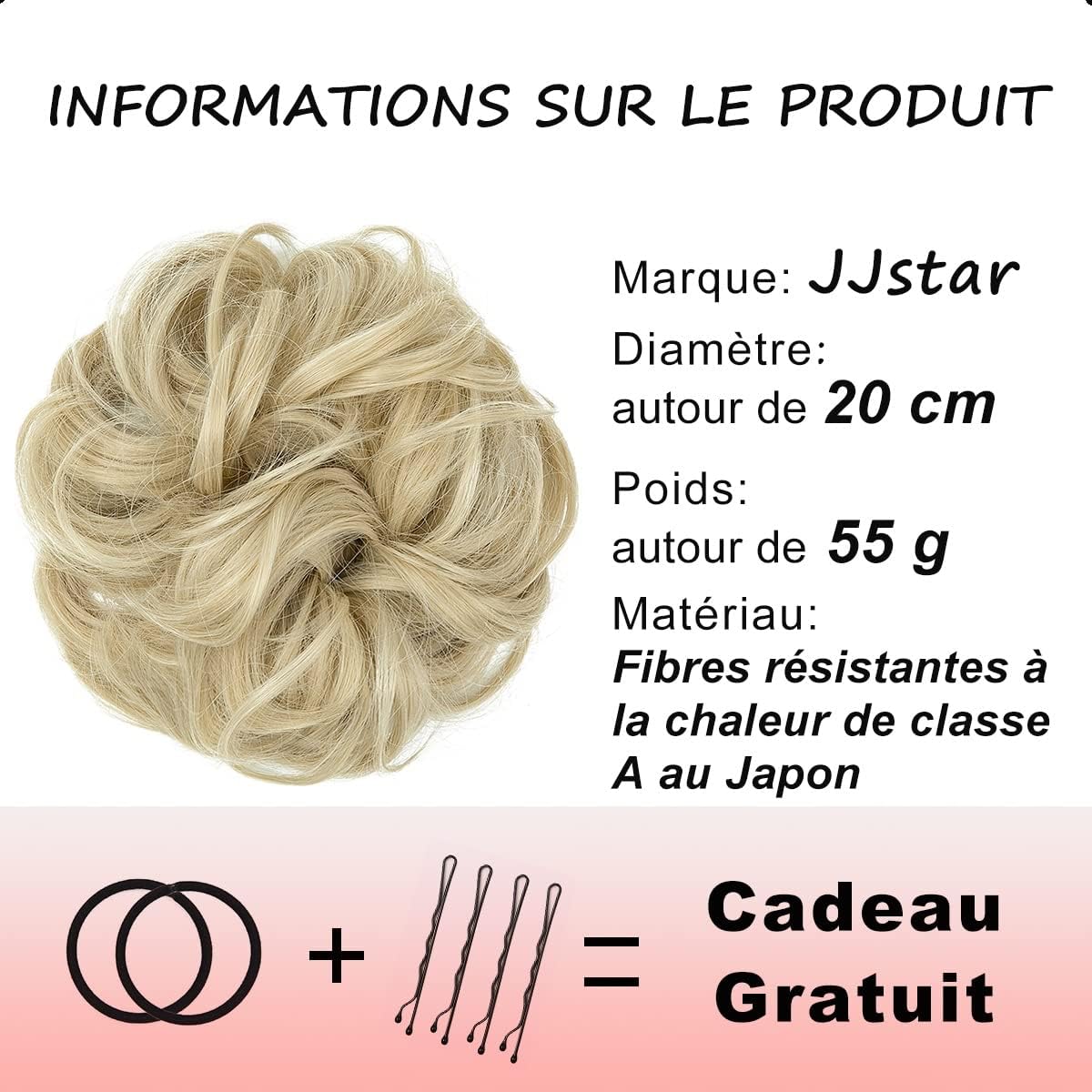 JJstar - Chignon postiche bouclé, élastique, blond cendré pâle